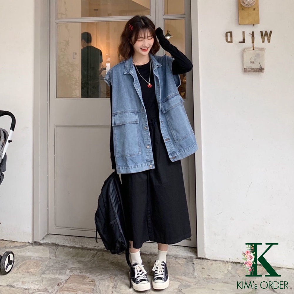 Áo khoác jean nữ sát nách phong cách Ulzzang retro Hàn Quốc cá tính năng động màu xanh và màu đen phom rộng chất đẹp
