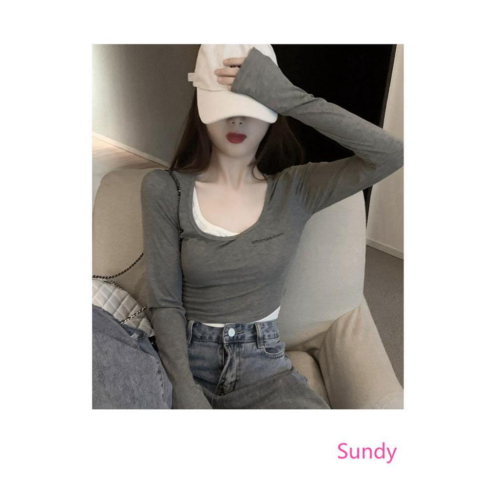 Áo thun croptop tay dài dáng ôm bằng cotton thời trang mùa thu cho nữ