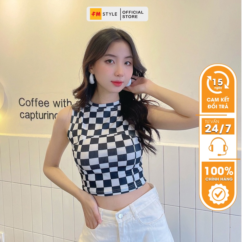 Áo croptop nữ FM Style dáng ngắn ôm body vải cotton hoạ tiết caro trendy thời trang 204210206