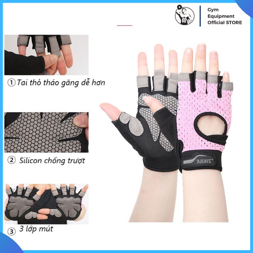 Găng tay nam nữ Aolikes hở ngón có quấn cổ tay tập gym chơi thể thao G.E.O