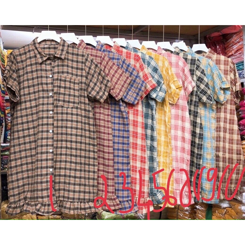 Đầm sơ mi caro tay con phối bèo dáng suông_hình thật.