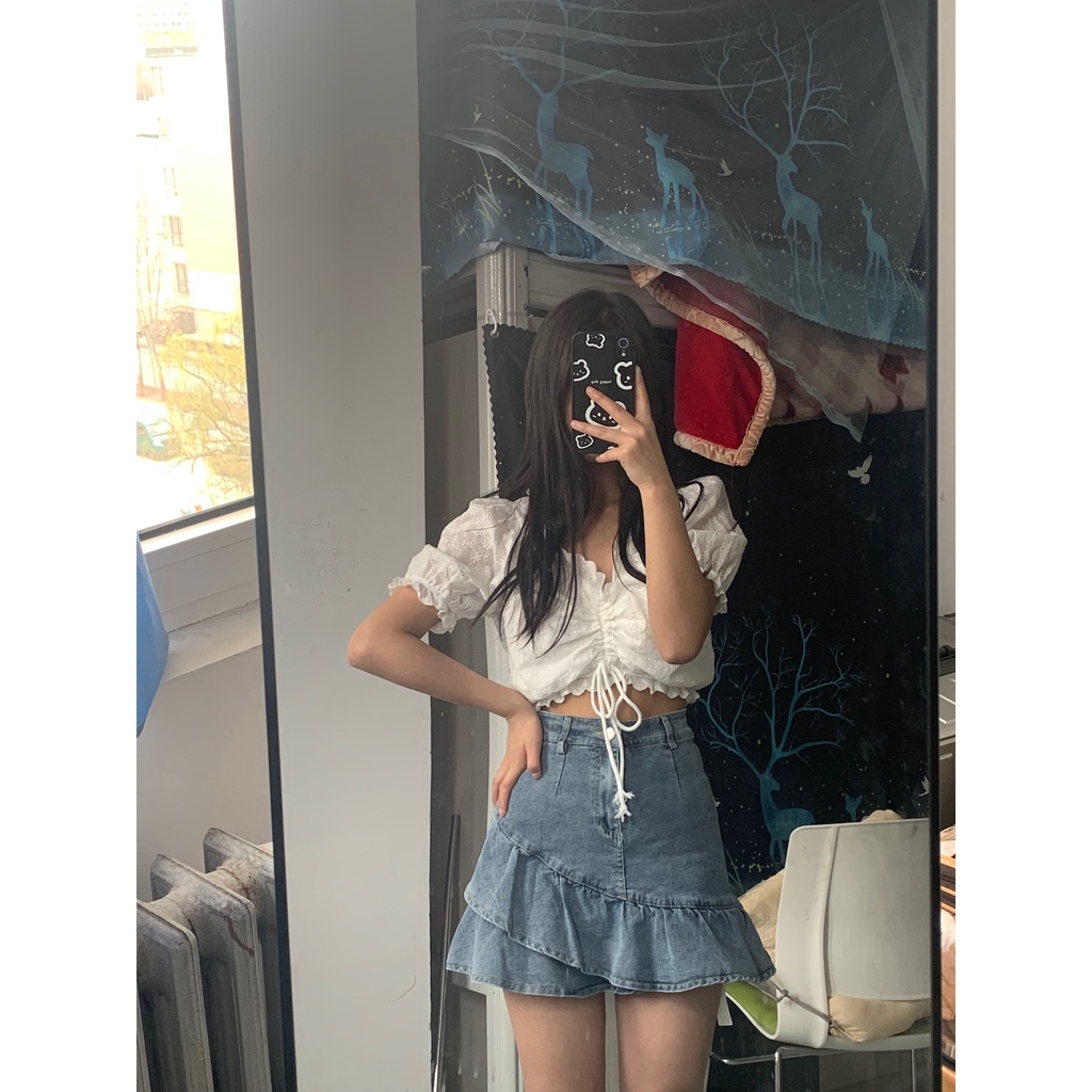 Chân váy jeans ngắn cạp cao dáng ôm sherry cabinet