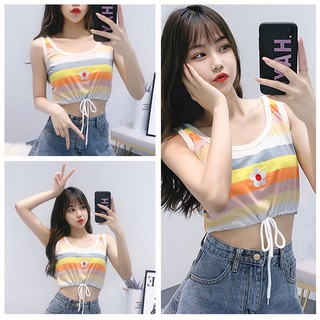 Áo croptop ôm 3 lỗ hoa cúc ngực không tay dây rút eo họa tiết cầu vồng thun cotton mát