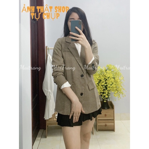 Áo Blazer nữ 2 lớp phong cách Hàn Quốc, Áo vest nữ khoác ngoài kẻ răng sói nhỏ đẹp –