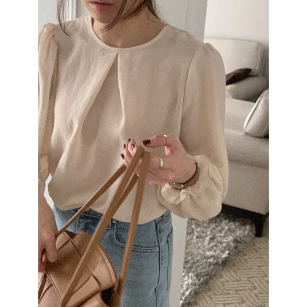 Áo Sơ Mi Tay Dài Phồng Cổ Tròn Màu Sắc Đơn Giản Thời Trang Mùa Hè Cho Nữ