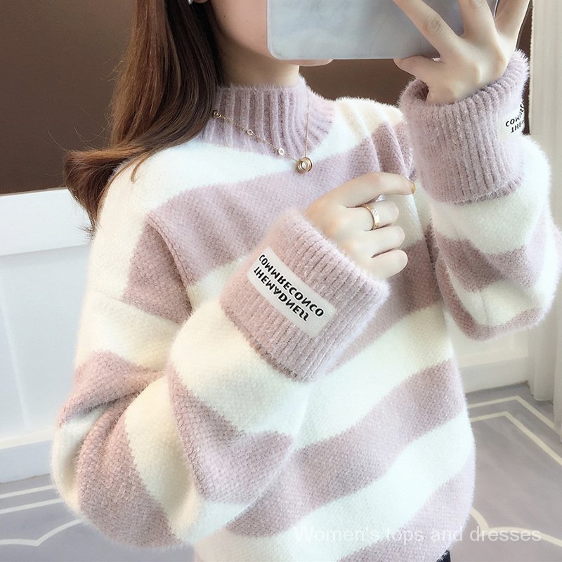 Áo Sweater Cổ Lọ Dày Dặn Họa Tiết Kẻ Sọc Thời Trang Cho Nữ LXJ9005 z4Hr