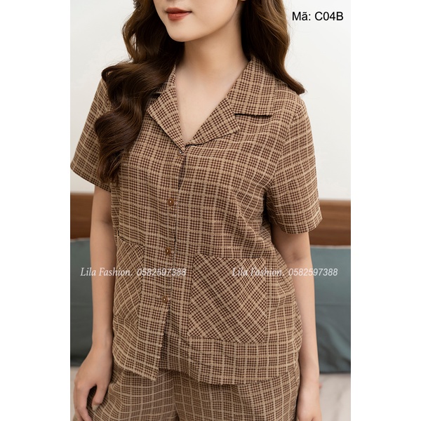 Bộ đồ nữ mùa hè mặc nhà ngắn tay kẻ caro cao cấp mềm mịn, mát khi mặc