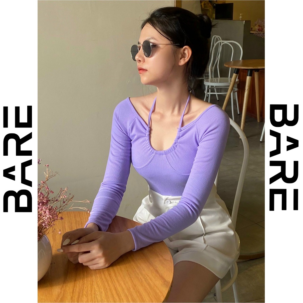 Áo trễ vai tay dài nữ kiểu dáng croptop ôm body khoe xương quai xanh chất thun gân co dãn - AO0151