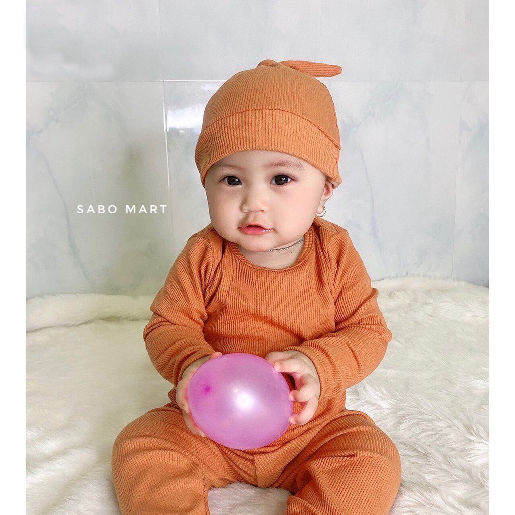 Bộ Thu Đông Dài Tay Thun Gân Tăm Kèm Mũ Củ Tỏi Siêu Cute Cho Bé Trai Bé Gái