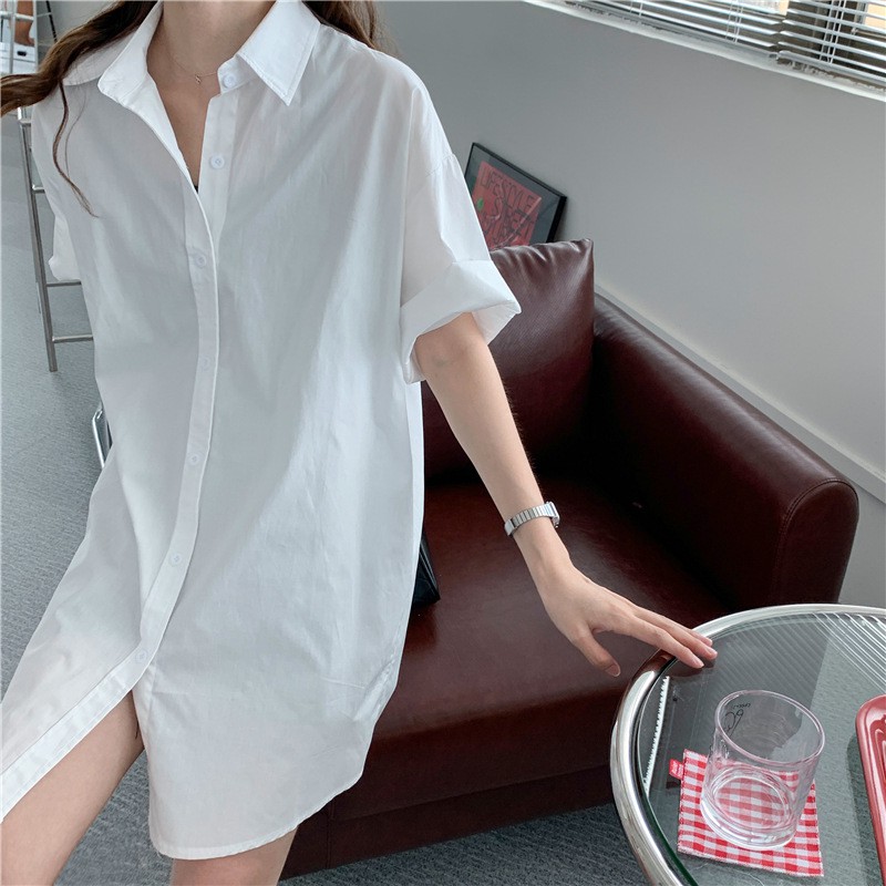 Lengthy Shirt AS4 - Sơ mi tay lửng, dáng dài, Oversize, form giấu quần dạng váy style Hàn Quốc