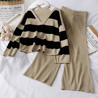 ĐỒ BỘ LEN THU ĐÔNG, SET ĐỒ LEN THU ĐÔNG ÁO YẾM KHOÉT VAI KẺ NGANG QUẦN DÀI ỐNG RỘNG PHONG CÁCH HÀN QUỐC - JANUARY A9