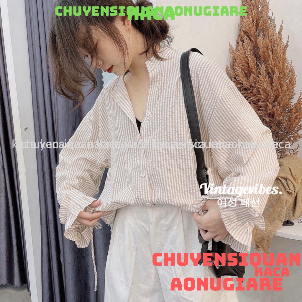 Áo sơ mi dáng rộng kẻ sọc cổ tàu tay phối bèo Ulzzang (hàng QC) - Ảnh thật kaca chuyensiquanaonugiare