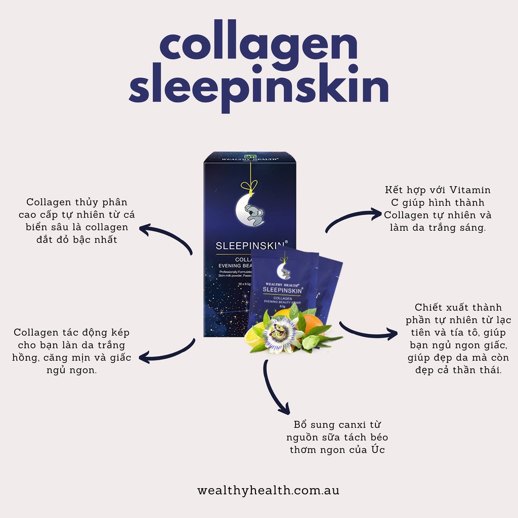 (Mất Ngủ &amp; Lão Hóa Da) Collagen Tác Động Kép Ngủ Ngon Sleepinskin Của WEALTHY HEALTH-NK Chính hãng từ Úc(8.5gx30g)