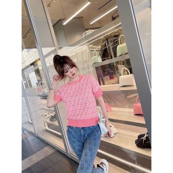 Áo len nữ tay ngắn họa tiết chữ thương hiệu Fendi FD cao cấp