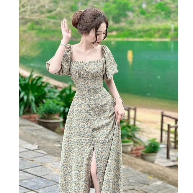 Đầm Midi Dự Tiệc,đầm Váy Hoa Xẻ Tà Dáng Dài Qua Gối Thiết Kế Cổ Vuông Tay Phồng Tiểu Thư Chảnh Thời Trang Xm Minh Phúc