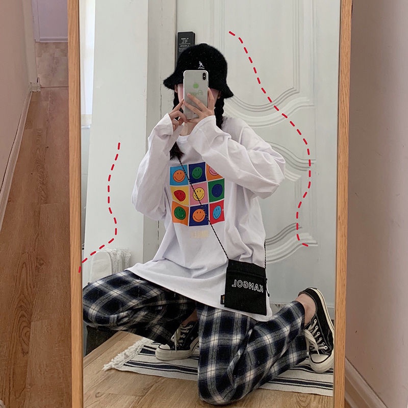 Set Áo Thun Tay Dài Dáng Rộng + Quần ống rộng Họa Tiết Sọc Caro Thời Trang Cho Nữ