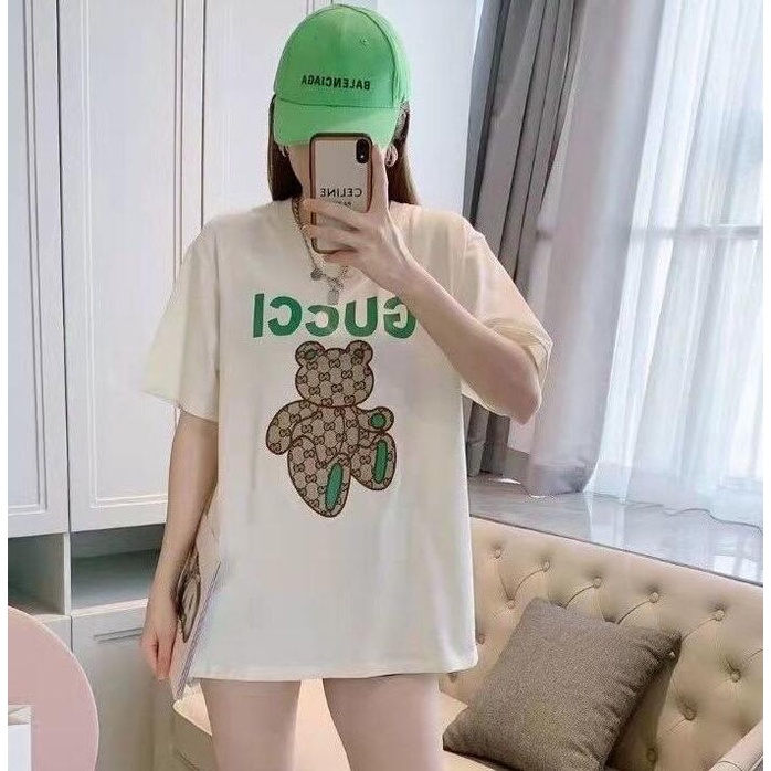 Mới GU Áo Thun Cotton Cổ Tròn Ngắn Tay Dáng Rộng Thêu Hình Gấu Cho Nam Nữ