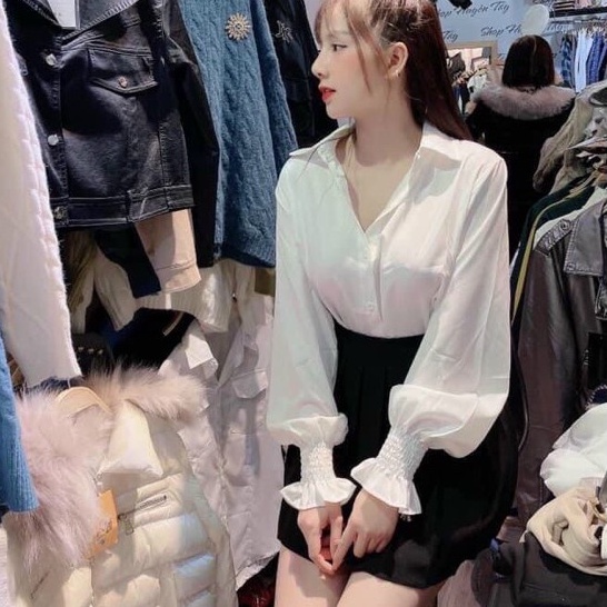Áo sơ mi nữ đi học form rộng tay dài kiểu dáng hàn màu trắng tay phồng - Sơ mi nữ dài tay bigsize đẹp mặc đi làm công sở