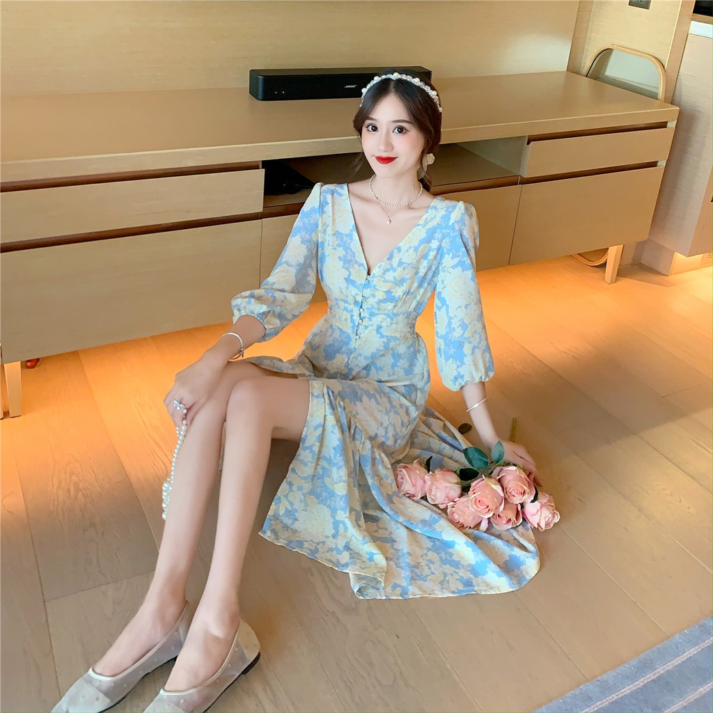 [HOT TREND] Đầm hoa tiểu thư mùa hè xẻ tà cổ chữ V cổ điển Retro Vintage kiểu Pháp quyến rũ ngọt ngào sang chảnh đài các