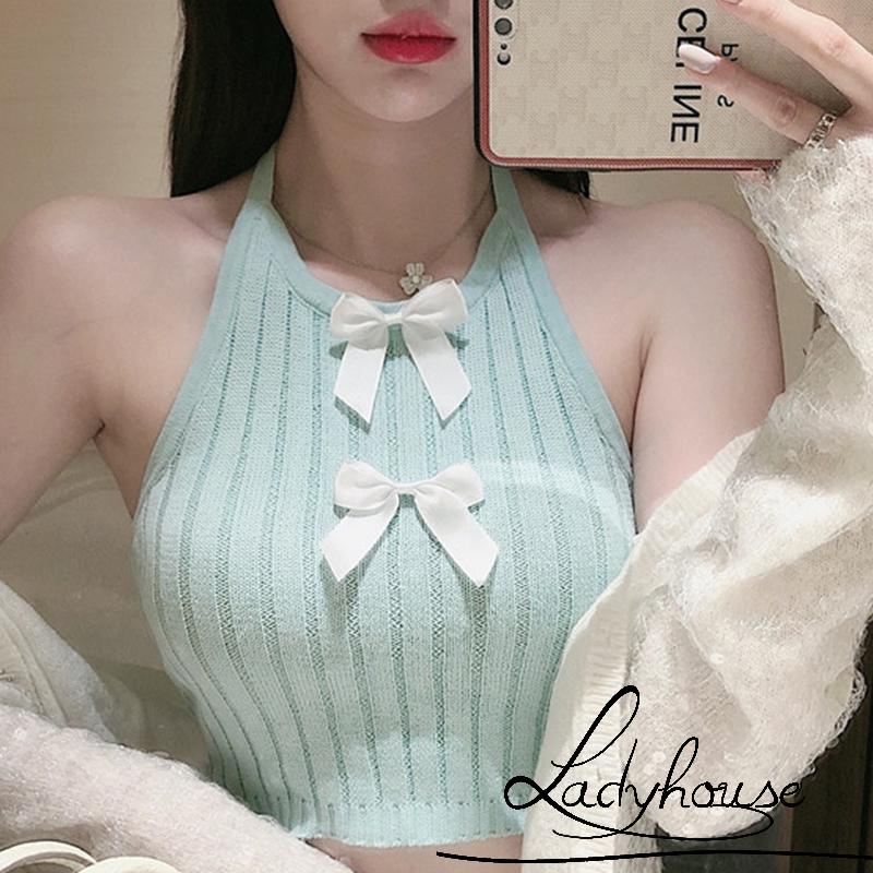 LD-Women Summer Crop Tops, Bowknot Decorative Halter Neck Sleeveless Backless Knit Tank Tops for Girls,