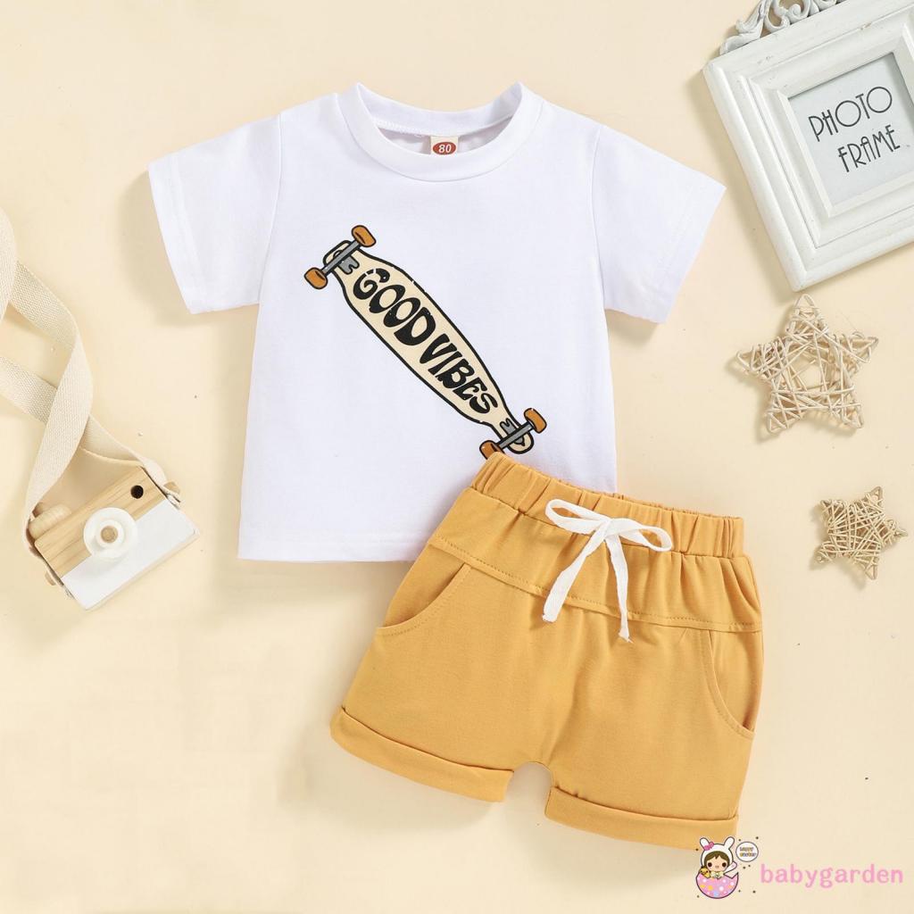 Set Đồ Mùa Hè Gồm Áo Thun Tay Ngắn Cổ Tròn In Chữ/Quần Short Cho Bé Trai 6 Tháng - 3 Tuổi