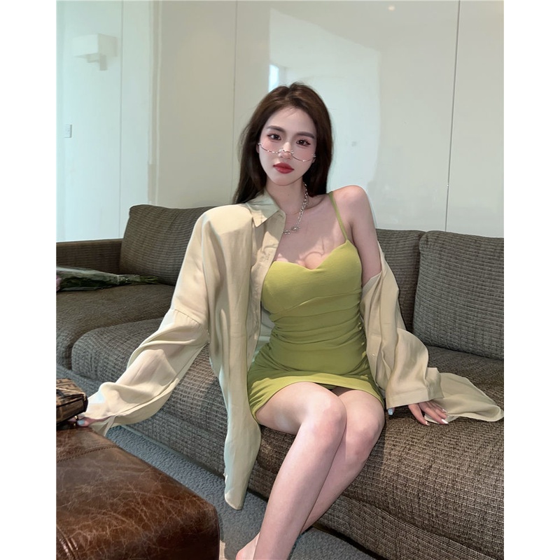 Set Đầm Hai Dây Màu Xanh Lá Phong Cách Hồng Kông Thời Trang Mùa Hè Cao Cấp Dành Cho Bạn Nữ