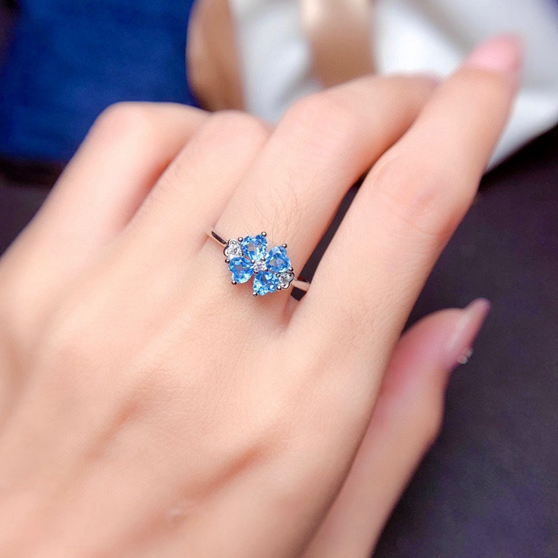 Nhẫn hở mạ bạc 925 hình cỏ bốn lá đính đá topaz sang trọng thời trang