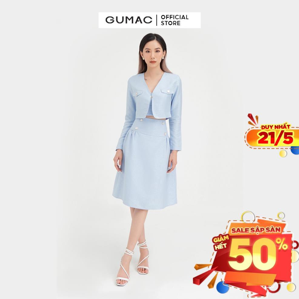 Chân váy nữ dáng dài phối nút GUMAC màu xanh trơn thanh lịch VB490  ཾ