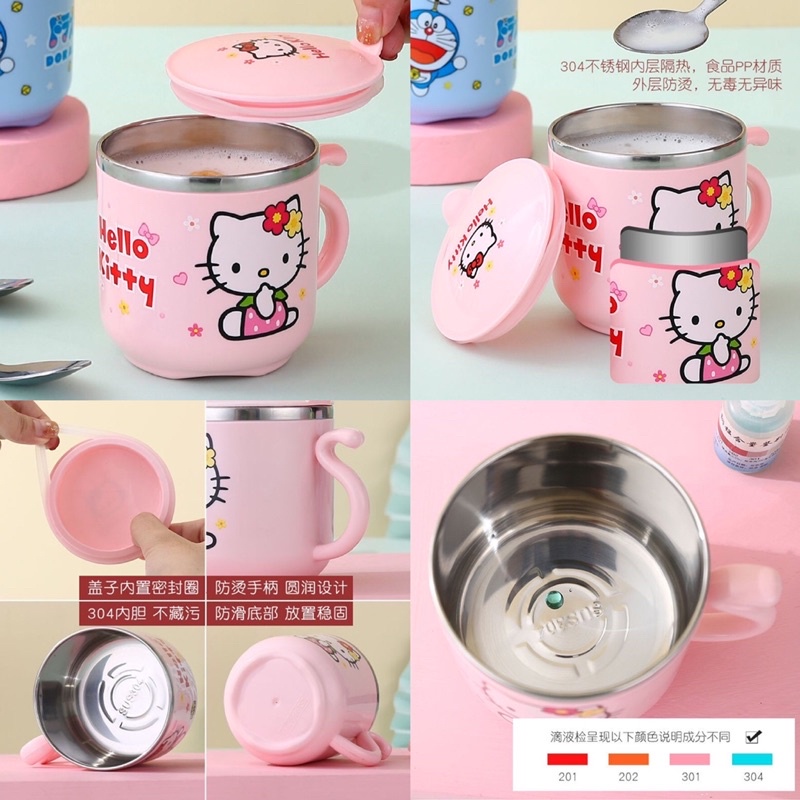 Cốc ly inox 304 giữ nhiệt Hello Kitty và Doremon 270ml