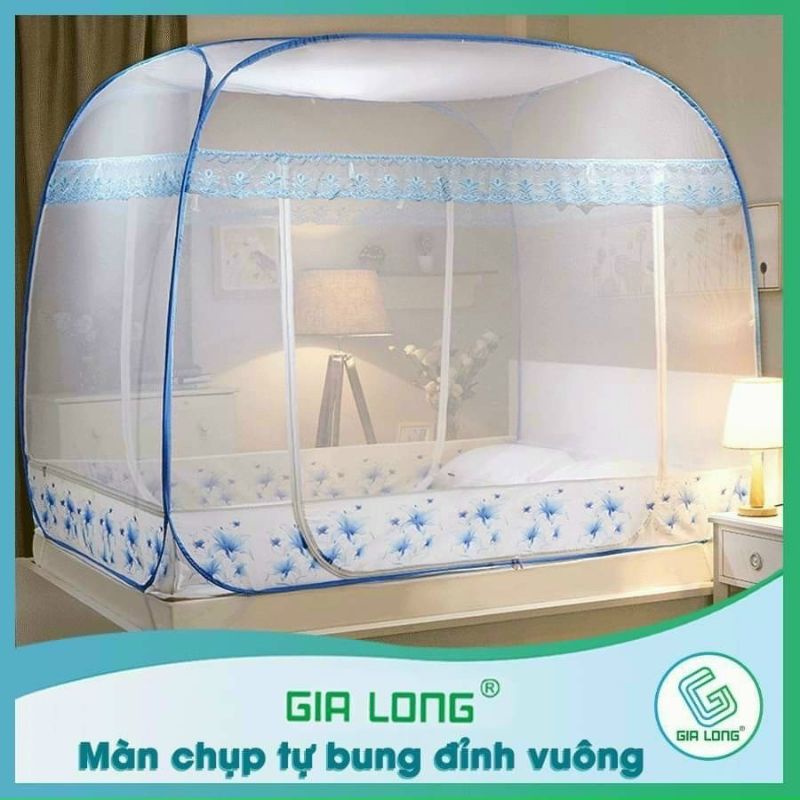 Màn chụp tự bung đỉnh vuông GIA LONG,mùng chụp chân viền vải  hàng cao cấp loại 1 -[GIÁ SIÊU RẺ ❤]