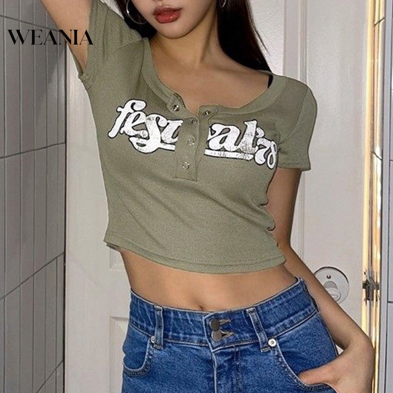 Áo Thun Ngắn Tay Cổ Chữ U In Chữ Phối Nút Phong Cách Retro Cho Nữ