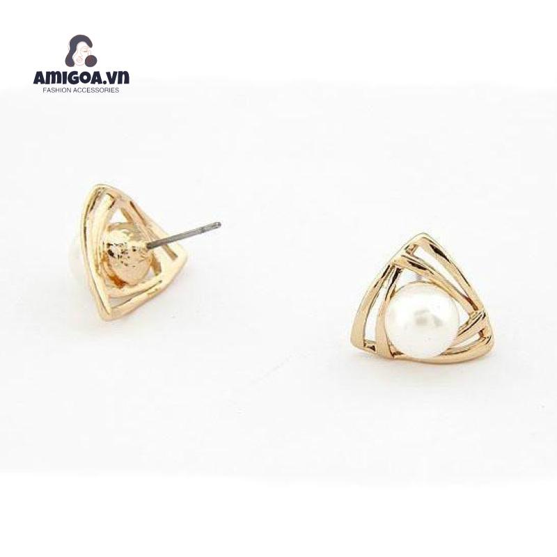 Khuyên Tai Hình Tam Giác Đính Ngọc Trai Đơn Giản