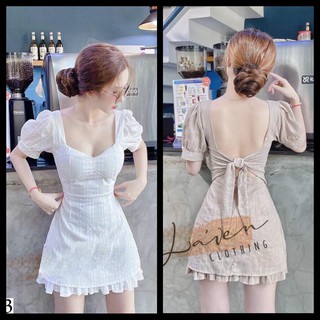 Đầm xòe cổ vuông cột nơ lưng kèm mút