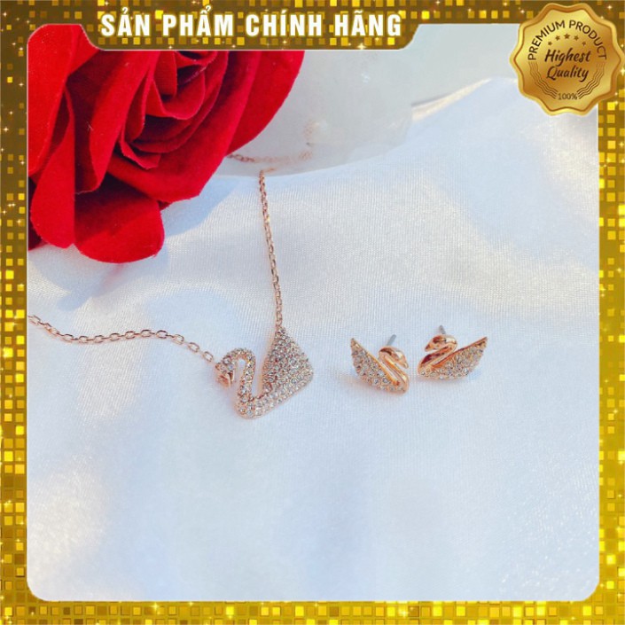 Vòng Cổ + Bông Tai Swarovski Swan Necklace, White, Rose-Gold Tone Plated Thiên Nga