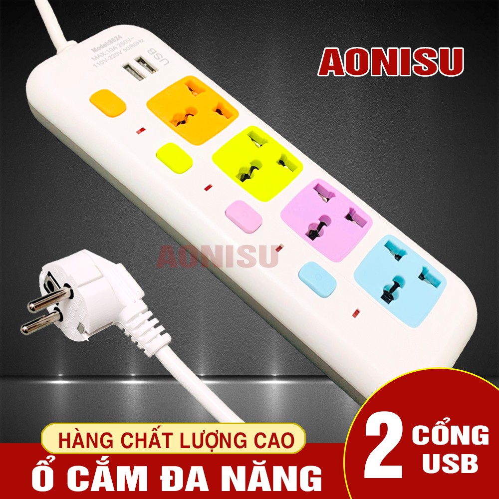 8624 Ổ Cắm Điện Thông Minh 4 Phích , 2 Cổng Sạc , Dây 3 mét , Có Công Tắc - Ổ Cắm Điện Đa Năng,...