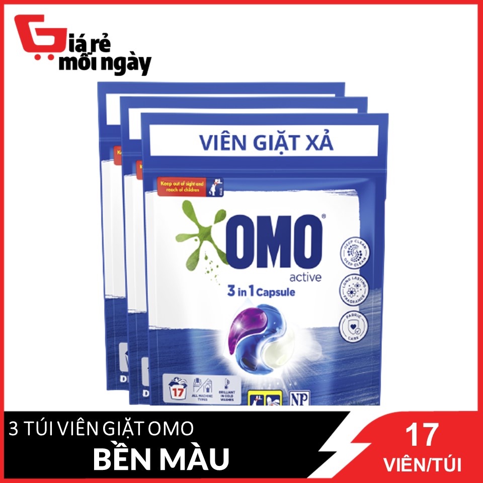 Combo 3 Túi 17 Viên giặt OMO Cho máy giặt cửa trước và cửa trên Bền Màu Công nghệ Anh Quốc