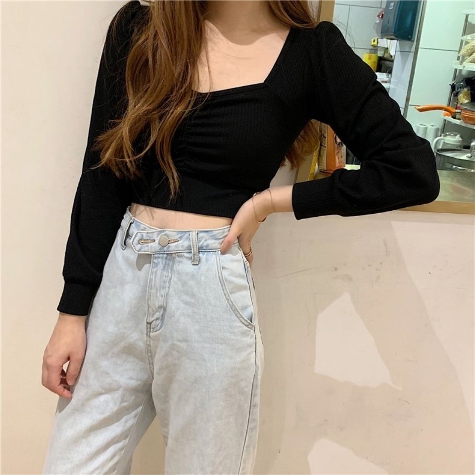 UIOWOO  Áo croptop tay phồng dài cổ vuông phong cách vintage phương Tây cho nữ