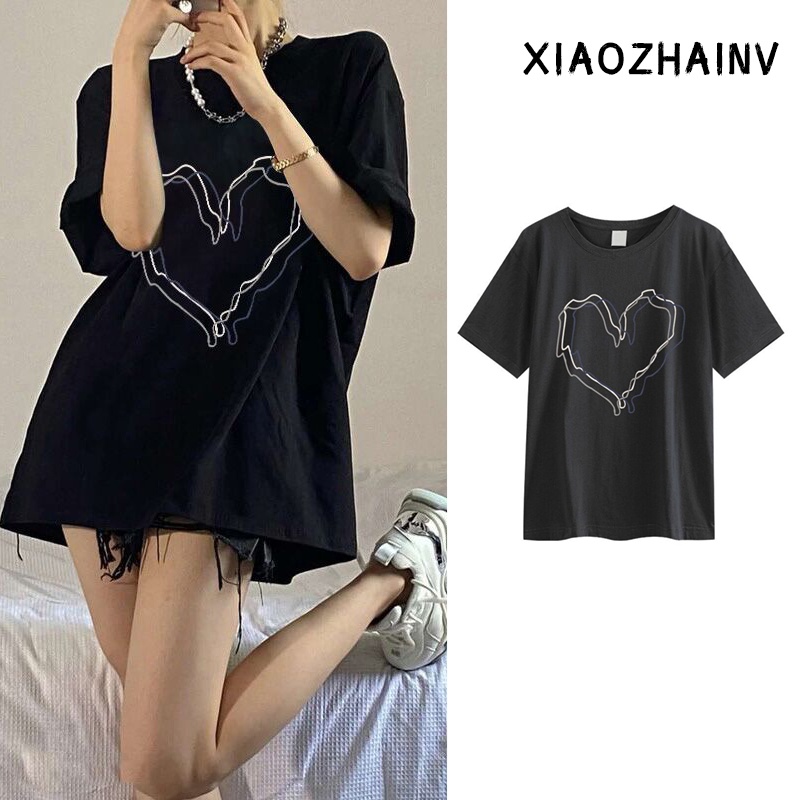 Xiaozhainv Áo thun tay ngắn dáng rộng phong cách hiphop thời trang cho nữ