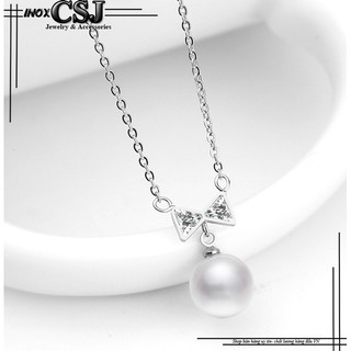 Dây chuyền inox nữ CSJ kiểu nơ cách điệu ngọc trai bền đẹp không đen