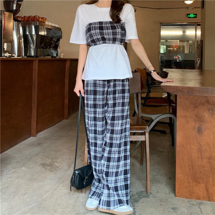 {SP mới - sẵn} - SET ÁO QUÂY CARO MIX QUẦN CULLOTES KẺ - SET 2 MÓN ÁO QUÂY KẺ + QUẦN CARO ỐNG RỘNG