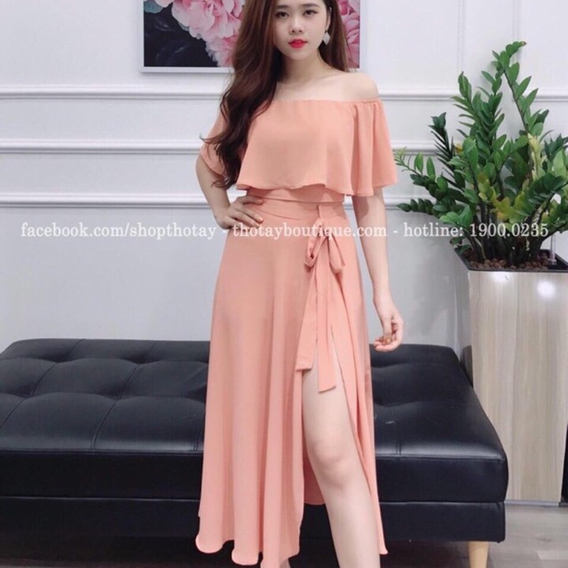 Đầm voan bèo trễ vai xẻ đùi