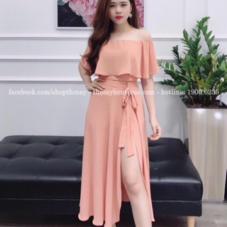 Đầm voan bèo trễ vai xẻ đùi