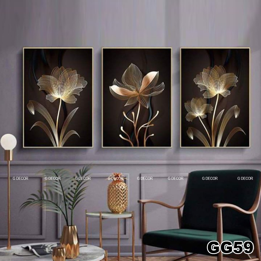 Tranh treo tường canvas 3 bức phong cách hiện đại Bắc Âu 52, tranh hoa trang trí phòng khách, phòng ngủ, phòng ăn spa