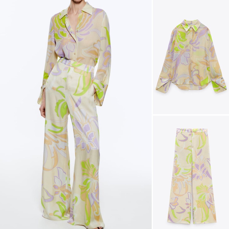 Zara Bộ Áo Sơ Mi Tay Dài In Họa Tiết + Quần Ống Rộng Thời Trang Mùa Hè 2624138 2775156Áo blouse