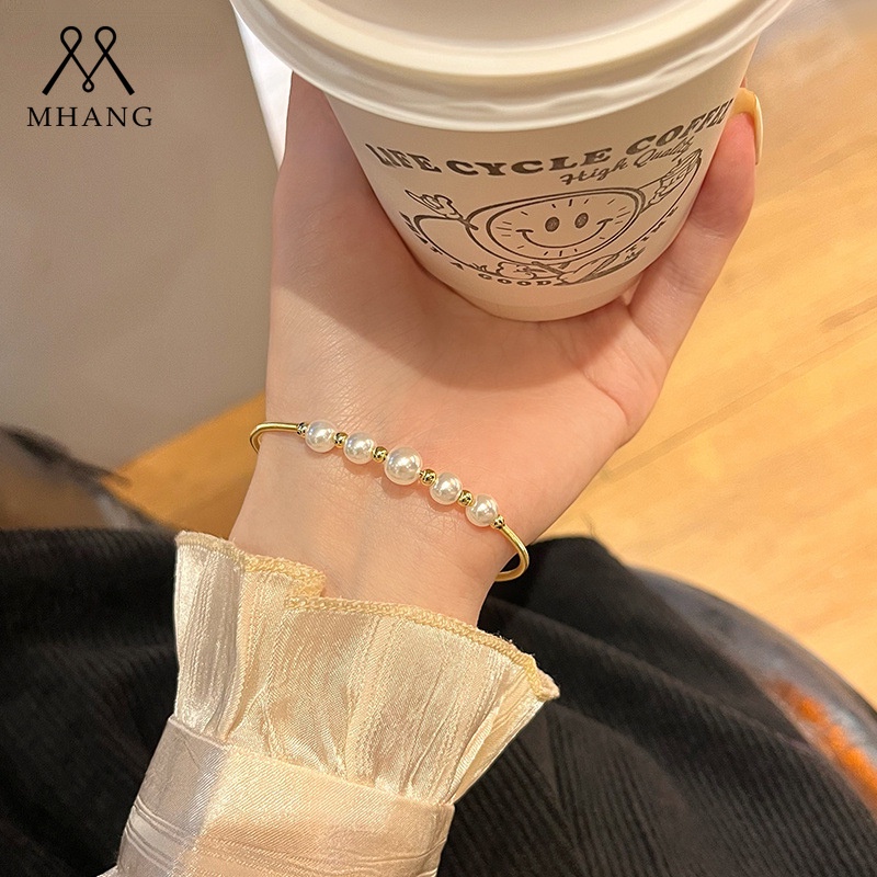 Vòng Tay Đính Hạt Ngọc Trai Vàng Cao Cấp Phong Cách Hàn Quốc Mới Dùng Làm Quà Tặng Sinh Nhật