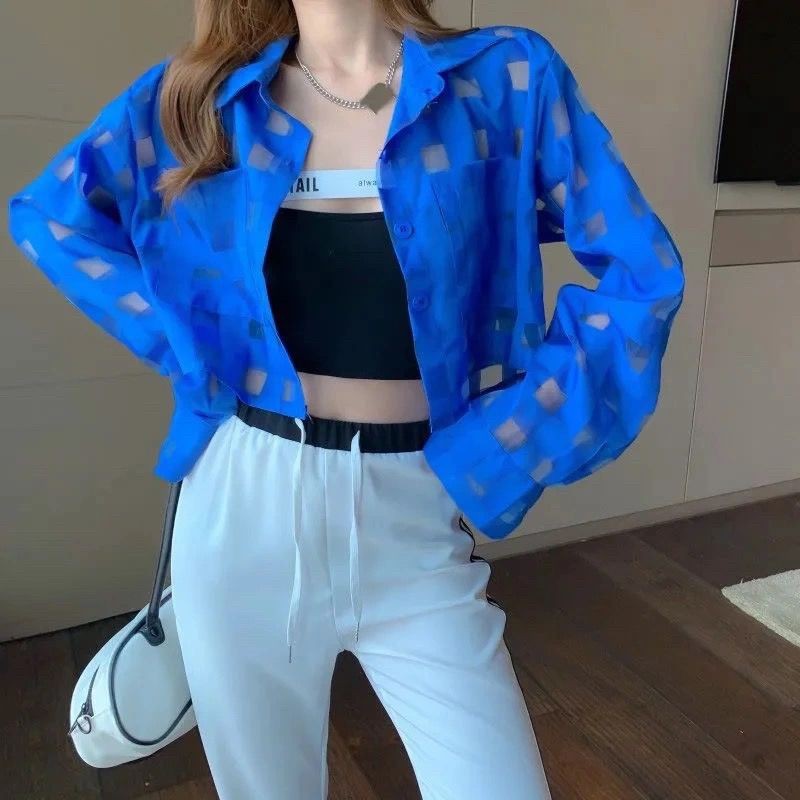 Áo khoác sơ mi caro tay dài thời trang cho nữ