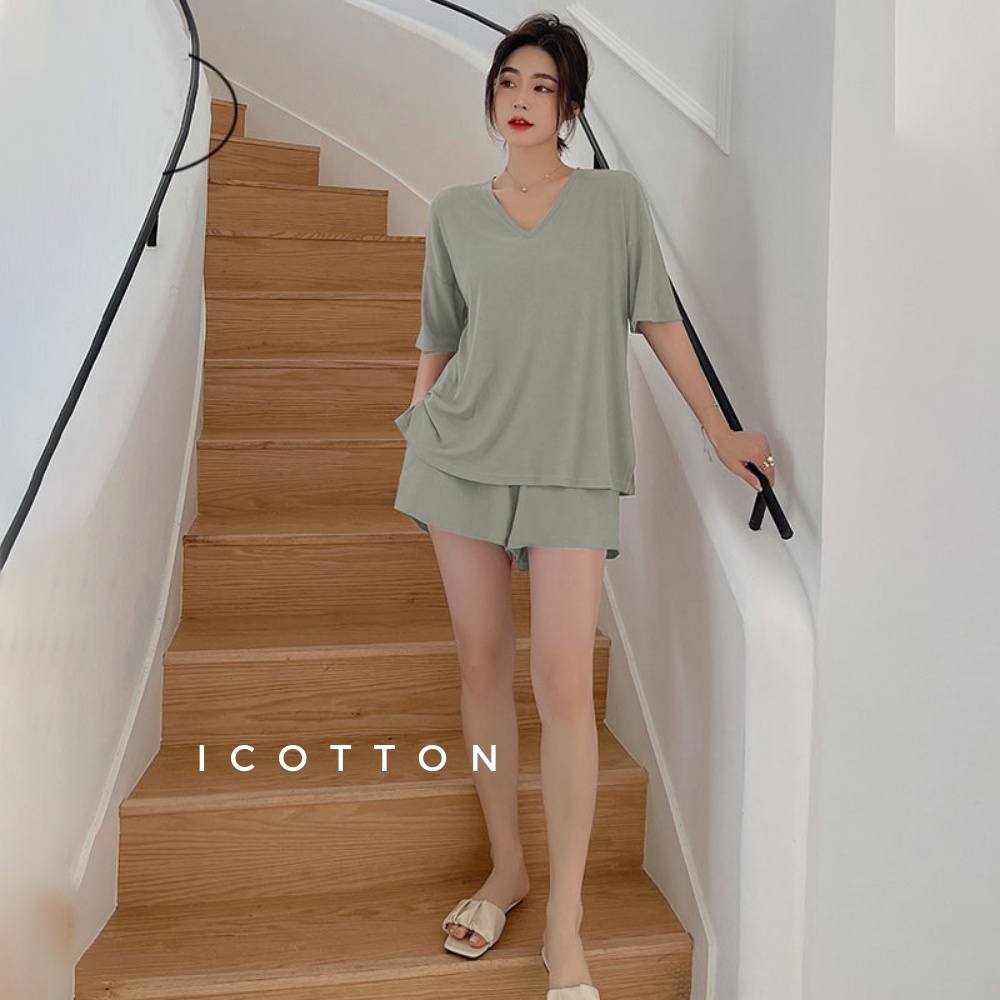 Bộ đồ mặc nhà cổ tim cộc tay nữ form rộng ❤iCotton❤️set ngủ mềm, co dãn, bầu bí bon chen được có bigsize