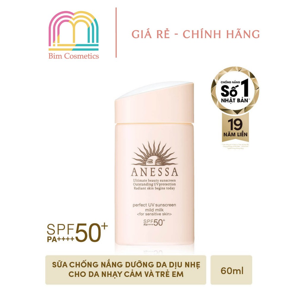 [Mẫu Mới] Kem Chống Nắng Anessa Cho Da Nhạy Cảm Perfect UV Sunscreen Mild Milk For Sensitive Skin Spf 50+ Pa++++ 60ml