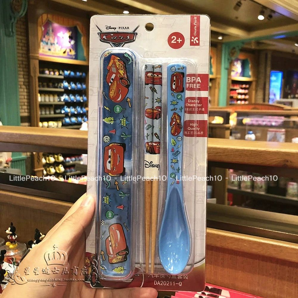 Set đũa muỗng Disney gỗ nhựa kèm hộp trong suốt Frozen Car Mickey Minnie cho trẻ em bé trai gái