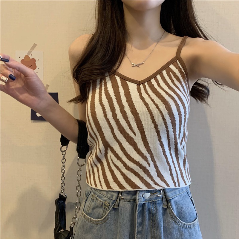 Áo Hai Dây Dệt Kim Họa Tiết Ngựa Vằn / Ngựa Vằn Cá Tính Thời Trang